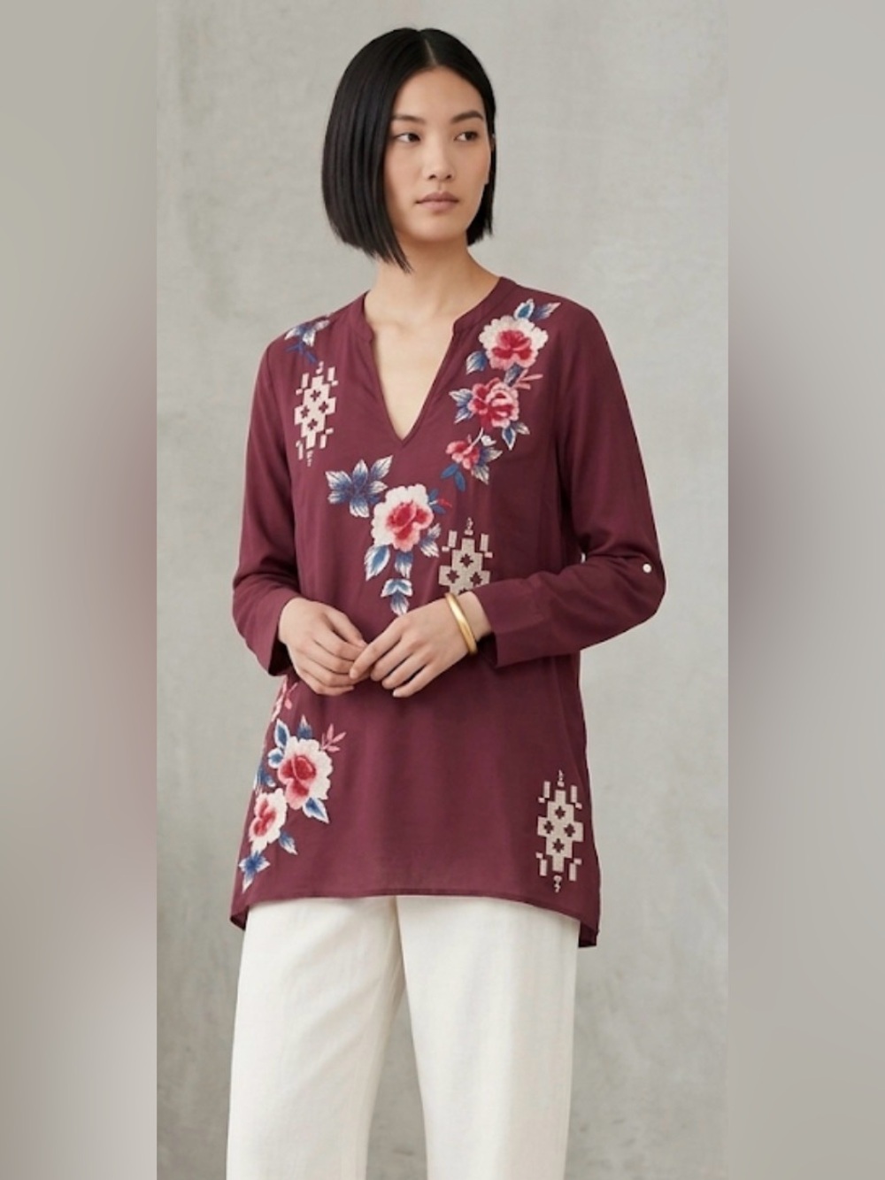 Johnny Was Tunic Top‎ Womens M Embroidered Floral Boho Burgundy cotton/silk